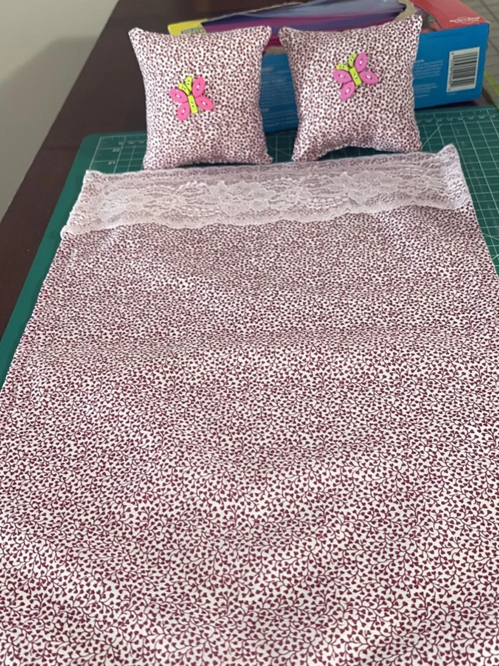 Pink Butterfly Accent Doll Bedding Set with Lace Trim 13x20 handmade new